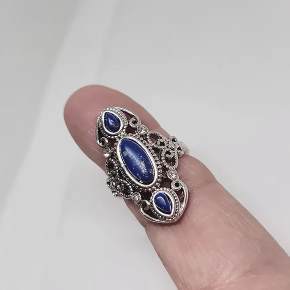 Ancient Silver Lapis-Lazuli Ring Faux Gemstones Silver Plated Blue Size 8 New - Picture 5 of 10